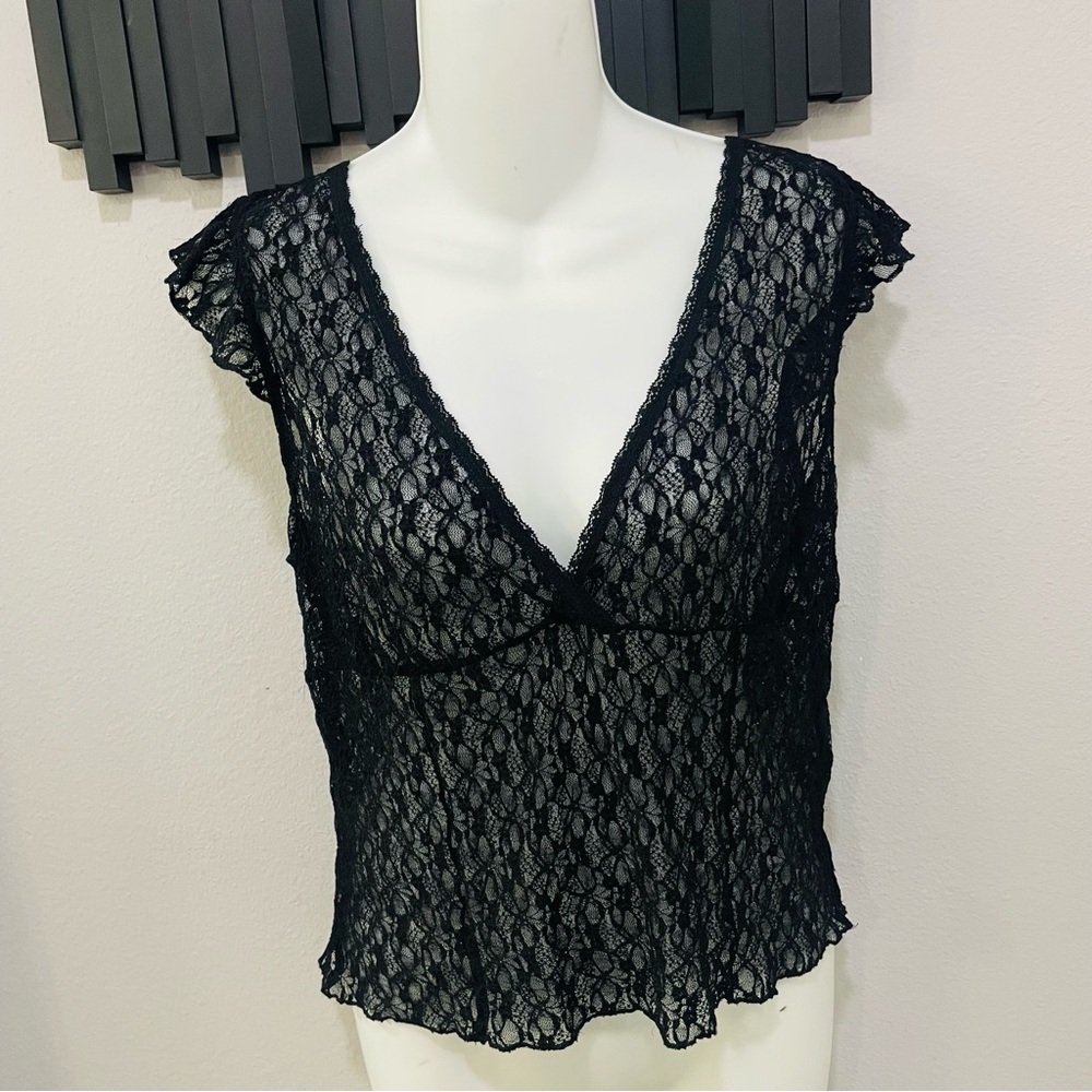 Cotton On Sheer Black  Lace Babydoll Flutter Sleeves Womens Size L